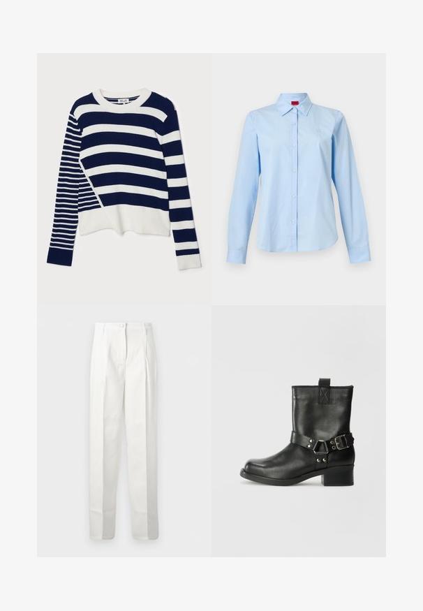 Baum und Pferdgarten CENTA - Pullover - navy/creme; Chemise bleu clair à manches longues avec col pointu et petit logo sur la poitrine gauche, présentée sur un fond blanc uni.; Pantalon blanc taille haute, coupé sur mesure avec fermeture à boutons et jambes droites, présenté à plat sur un fond blanc.; Samsøe Samsøe SABRENTA - Bottines de cowboy / motard - black