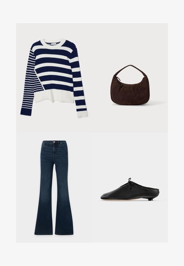 Baum und Pferdgarten CENTA - Pullover - navy/creme; Jean en denim bleu foncé taille haute avec coupe évasée, fermeture devant par bouton et zip, poches devant et derrière.; Mule en cuir noir à enfiler avec un petit talon arrondi et un détail de nœud noué près du bord supérieur, vue de profil.; Sac à main en daim marron foncé avec une courte sangle et une forme rectangulaire arrondie sur un fond uni clair.