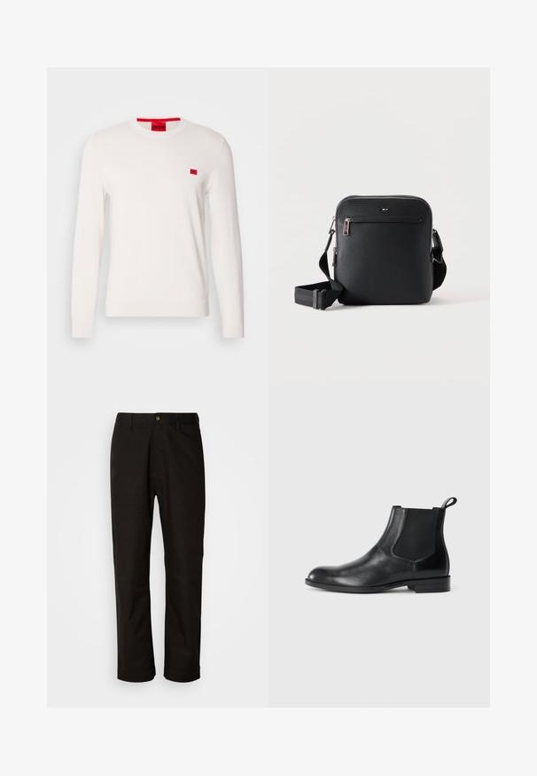 Pull en col rond blanc avec des manches longues, fabriqué en tissu doux. Il présente un petit patch logo rouge sur la poitrine et une étiquette rouge contrastante sur le col.; Pantalon en coton noir avec une coupe droite, des passants de ceinture, une fermeture éclair à l'avant et un seul bouton. Texture lisse sans motifs visibles.; Bottine en cuir noir avec des panneaux latéraux élastiques, bout rond et tirette. Texture lisse, semelle plate, design minimaliste.; Sac bandoulière en cuir noir avec poche zippée à l'avant et bandoulière réglable sur fond blanc uni.