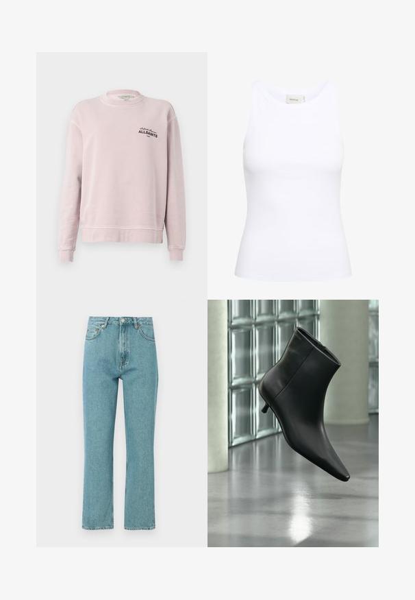 Lyserød langærmet sweatshirt med rund hals, ribkantede ærmegab og sort tekst "Infinite Summer ALLSAINTS London" på venstre bryst.; Hvid ribbet tanktop med rund halsudskæring og uden ærmer. Strækbart stof og tætsiddende design. Etiketten bagpå viser "GESTUZ."; Lyseblå, høj talje jeans med lige ben-design. Lavet af denim, featuring forlommer og knaplukning.; Sort læderankelstøvle med spids tå og lav kitten-hæ, vist vinklet mod en poleret gulv- og glasblokvæg.