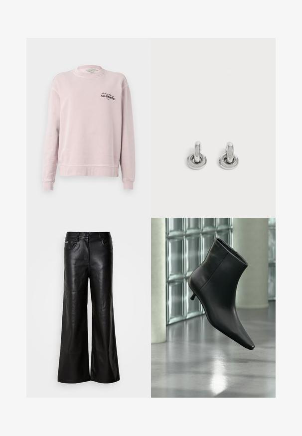 Lyserød langærmet sweatshirt med rund hals, ribkantede ærmegab og sort tekst "Infinite Summer ALLSAINTS London" på venstre bryst.; Sorte læder bukser med bredde ben og en glat tekstur, der har en frontknaplukning, to sidelommer og minimale syninger.; Sort læderankelstøvle med spids tå og lav kitten-hæ, vist vinklet mod en poleret gulv- og glasblokvæg.; Par små, skinnende sølv hoops med rund base, vist på en ensfarvet lys baggrund.