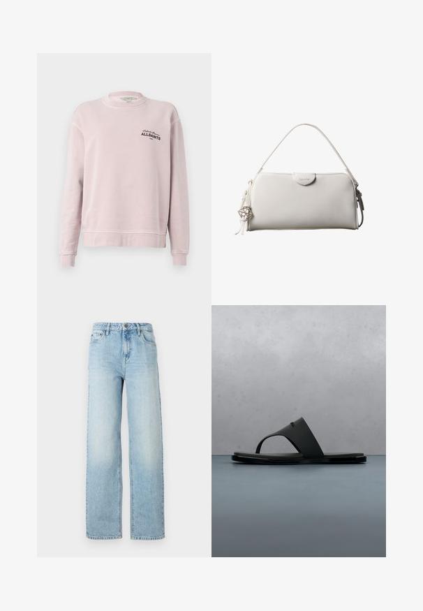 Lichtroze long-sleeve sweater met ronde hals, geribbelde manchetten en zwarte tekst "Infinite Summer ALLSAINTS London" op de linkerborst.; Lichtblauwe denim wijdpijpen jeans met een klassiek vijfvak ontwerp, knoopsluiting en subtiele vervaging voor textuur.; Zwarte Calvin Klein teenslipper die boven houten latten zweeft met kleine stenen eromheen, buiten met wazige groene planten en een betonnen muur op de achtergrond.; Witte rechthoekige Calvin Klein handtas met enkele handgreep, minimalistisch ontwerp en decoratieve kwastjes met geometrische metalen hanger aan de zijkant.