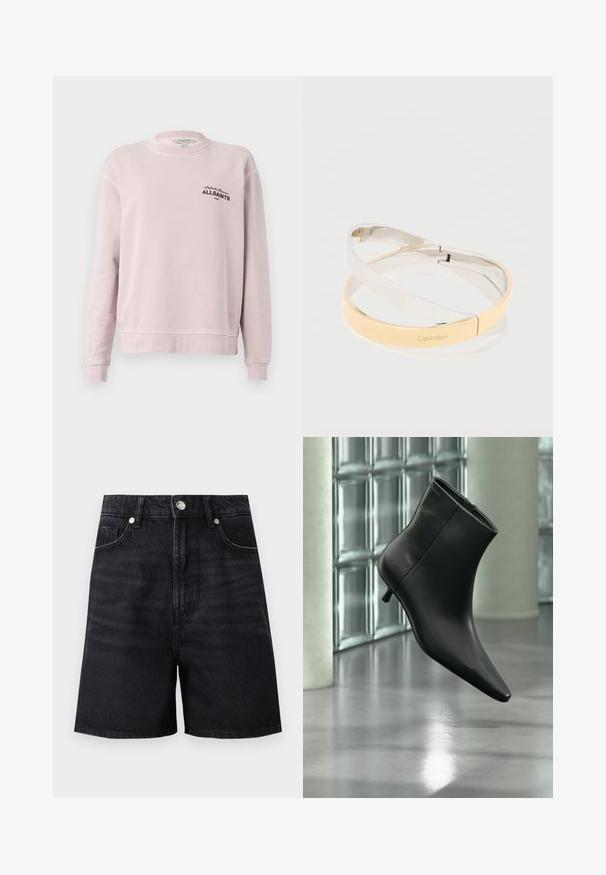Lichtroze long-sleeve sweater met ronde hals, geribbelde manchetten en zwarte tekst "Infinite Summer ALLSAINTS London" op de linkerborst.; Zwarte denim short met een hoge taille, voorzakken en een zilveren knoopsluting. Gladde textuur met subtiele vervagingsdetails.; Zwarte leren enkellaars met spits toelopende neus en lage kittenhak, schuin weergegeven tegen een gepolijste vloer en een glazen blokken muur als achtergrond.; In elkaar grijpen gepolijste metalen armbanden in zilver- en goudtinten, waarvan er één is gegraveerd met het "Calvin Klein"-logo, op een witte achtergrond.
