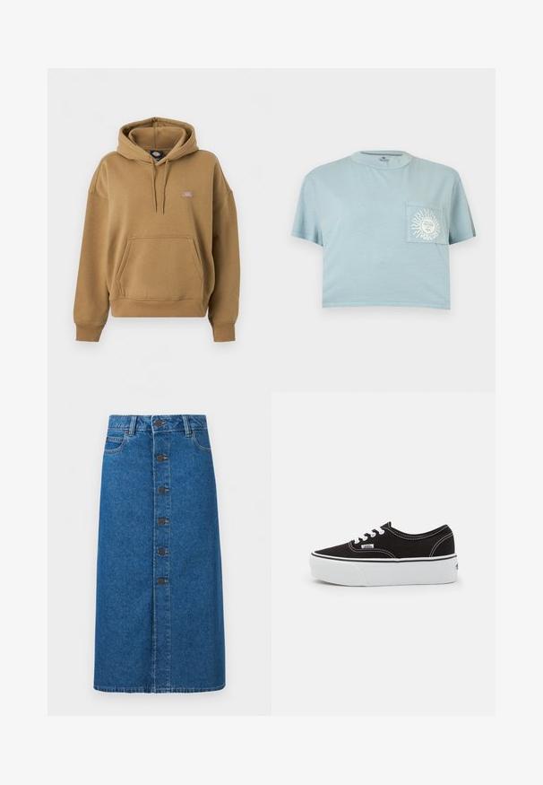 Sweat à capuche marron avec poche kangourou avant, capuche réglable par cordon, poignets et base côtelés, avec un petit patch logo Dickies sur la poitrine.; T-shirt bleu clair raccourci à manches courtes avec une poche poitrine ornée d'un graphique blanc représentant un soleil et un visage avec le texte "VOLCOM".; Jupe midi en denim bleu avec fermeture à boutons sur le devant, passants pour ceinture, et poches latérales, présentée sur un fond blanc uni.; Baskets en toile noires avec une semelle en caoutchouc blanc, dotées de lacets et de coutures blanches, marquage emblématique sur le côté, design basse.