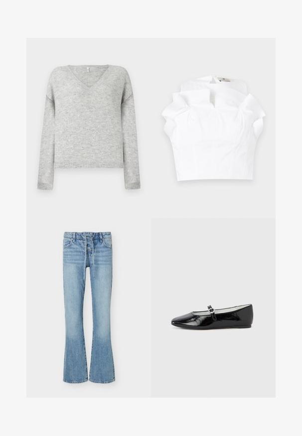 Pull gris en V en matériau doux, avec une coupe décontractée et agrémenté de petits sequins argentés sur tout le tissu.; Blouse blanche sans manches avec col montant à volants et détail découpé en forme de goutte à l'avant, posée à plat sur un fond blanc.; Jean flare en denim bleu clair avec fermeture à lacets sur le devant, cinq poches et passants de ceinture, présentant des détails délavés sur les cuisses et les genoux.; Ballerines en cuir verni noir à bout pointu, dotées d'une petite lanière avec une boucle ronde sur le côté. Semelle plate.