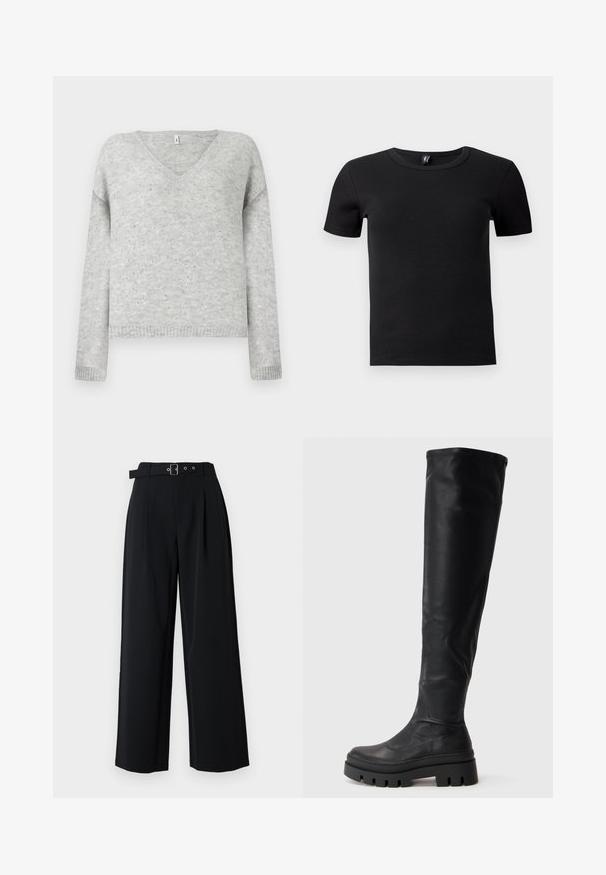 Pull gris en V en matériau doux, avec une coupe décontractée et agrémenté de petits sequins argentés sur tout le tissu.; T-shirt noir à manches courtes en tissu côtelé. Doté d'un col rond classique et d'une silhouette ajustée. Sans accents supplémentaires.; Pantalon noir à jambes larges avec plis, doté d'une ceinture avec une boucle en métal et de doubles passants. Tissu lisse avec un design épuré.; Bottes noires hauteur genou avec semelle épaisse et finition lisse, présentant un bout arrondi et une tige légèrement plissée.