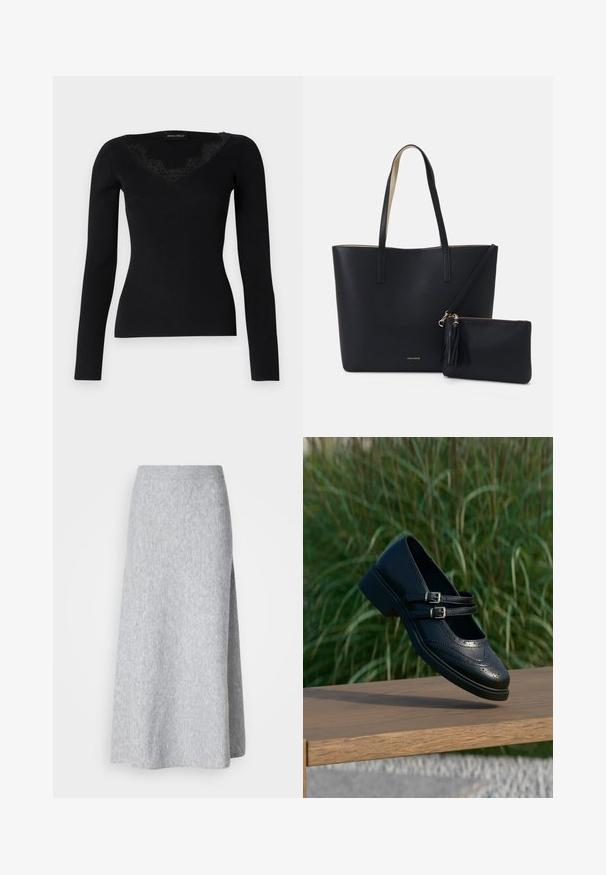 Haut noir à manches longues en maille côtelée avec un décolleté en V orné de dentelle. La texture du tissu semble lisse et ajustée, idéale pour des looks superposés.; Jupe midi en tricot doux de couleur gris clair avec une taille côtelée et une fente sur le côté, présentée sur un fond blanc.; Chaussure Mary Jane en cuir noir avec doubles brides bouclées et détails brogue, flottant au-dessus d'un banc en bois avec en arrière-plan de l'herbe verte.; Sac fourre-tout noir avec un matériau texturé, deux longues anses et une pochette zippée amovible avec un détail de pompon. Logo de la marque en orvisible.