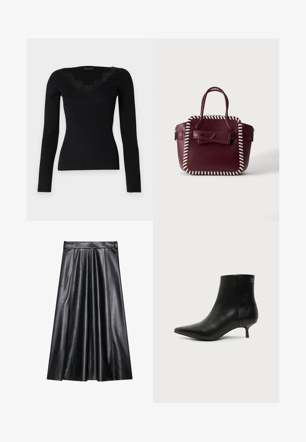 Haut noir à manches longues en maille côtelée avec un décolleté en V orné de dentelle. La texture du tissu semble lisse et ajustée, idéale pour des looks superposés.; Jupe A-line en cuir noir avec plis, présentant une texture lisse, une taille cintrée et des détails de couture visibles. Aucun accent supplémentaire.; Bottine en cuir noir avec bout pointu et petit talon kitten sur fond clair, vue côté extérieur.; Sac à main en cuir bordeaux avec bordure blanche cousue, doubles poignées et rabat avant sécurisé par une fermeture à épingle argentée.