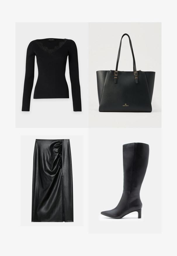 Zwarte langemouwen rib gebreide top met een V-hals en kanten accenten. De stof voelt glad en aansluitend aan, geschikt voor gelaagde looks.; Zwarte leren rok met een soepele textuur, voorzien van een geplooid gedeelte aan één kant en een zijspleet voor extra detail.; Zwarte leren laarzen tot de knie met spitse neuzen, voorzien van een strakke afwerking en een kleine blokhak. Gladde textuur met minimale accenten.; Zwarte leren totebag met gouden gespen en het logo "Anna Field", voorzien van twee schouderbanden en een gestructureerde rechthoekige vorm.