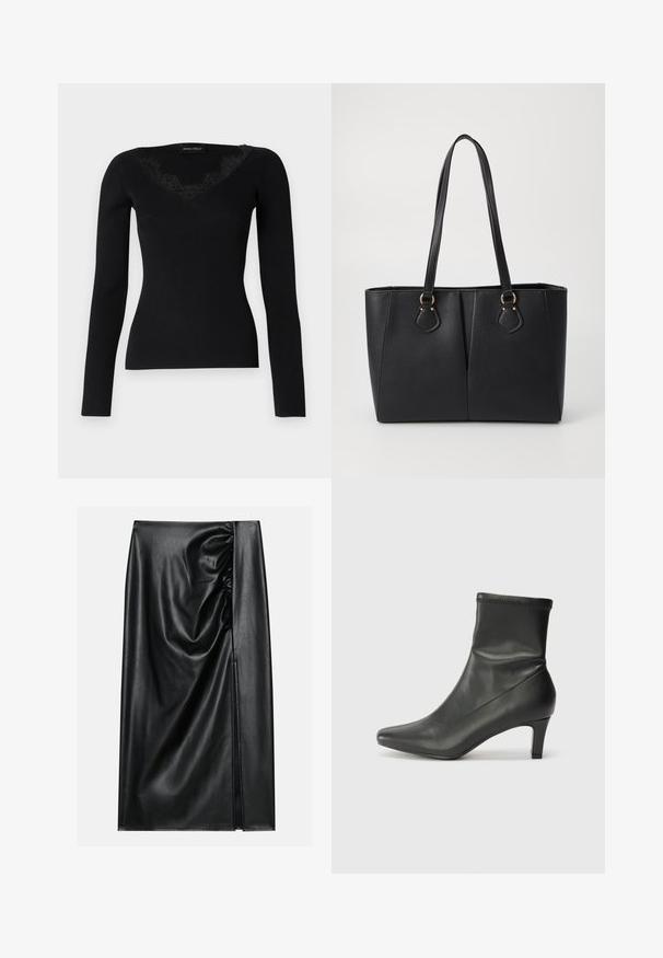 Haut noir à manches longues en maille côtelée avec un décolleté en V orné de dentelle. La texture du tissu semble lisse et ajustée, idéale pour des looks superposés.; Jupe en cuir noir avec une texture lisse, présentant une section froncée sur un côté et une fente sur le côté pour un détail supplémentaire.; Bottine noire en cuir avec un bout pointu et un talon de 6 cm. La tige a une texture lisse avec un design ajusté et des coutures discrètes.; Sac fourre-tout noir en simili cuir avec une finition texturée, deux longues poignées et des accents en métal doré sur le côté. Shape rectangulaire.