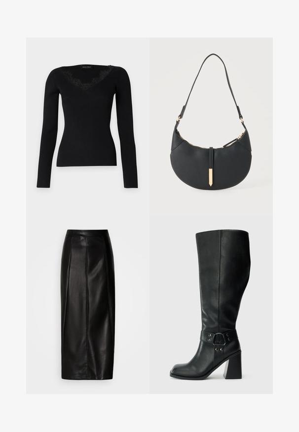 Zwarte langemouwen rib gebreide top met een V-hals en kanten accenten. De stof voelt glad en aansluitend aan, geschikt voor gelaagde looks.; Zwarte leren midi-rok met een aansluitende taille, een gladde textuur, zichtbare naden en een rechte silhouet. Geen versieringen aanwezig.; Kniehoge zwarte leren laarzen met een vierkante neus, brede hak en een decoratieve band met metalen accenten rond de enkel. Gladde textuur.; Zwarte handtas in halve maanvorm met een enkele band, gouden rits en een gouden rechthoekige decoratieve tab aan de voorkant.