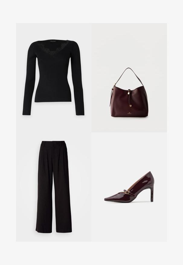 Haut noir à manches longues en maille côtelée avec un décolleté en V orné de dentelle. La texture du tissu semble lisse et ajustée, idéale pour des looks superposés.; Pantalon large noir en tissu lisse, avec des plis à l'avant, une taille ajustée, et sans motifs ni accents visibles.; Chaussure à talon aiguille bordeaux en patent avec un embout pointu, une bride de cheville comportant des accents en métal doré, et une finition lisse et brillante. Talon stiletto surélevé.; Sac à épaule en cuir marron foncé avec un pompon tressé, des accents dorés et le logo Anna Field à l'avant, sur un fond clair uni.