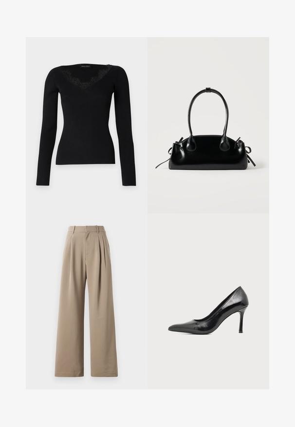 Haut noir à manches longues en maille côtelée avec un décolleté en V orné de dentelle. La texture du tissu semble lisse et ajustée, idéale pour des looks superposés.; Pantalons larges beige avec plis, devant plat, poches latérales et passants de ceinture. Fabriqués en tissu lisse et léger.; Chaussure à talon haut pour femme en cuir verni noir avec bout pointu et talon fin sur fond clair uni.; Petit sac à main noir brillant avec deux longues anses et des détails à cordon sur les côtés sur un fond clair uni.