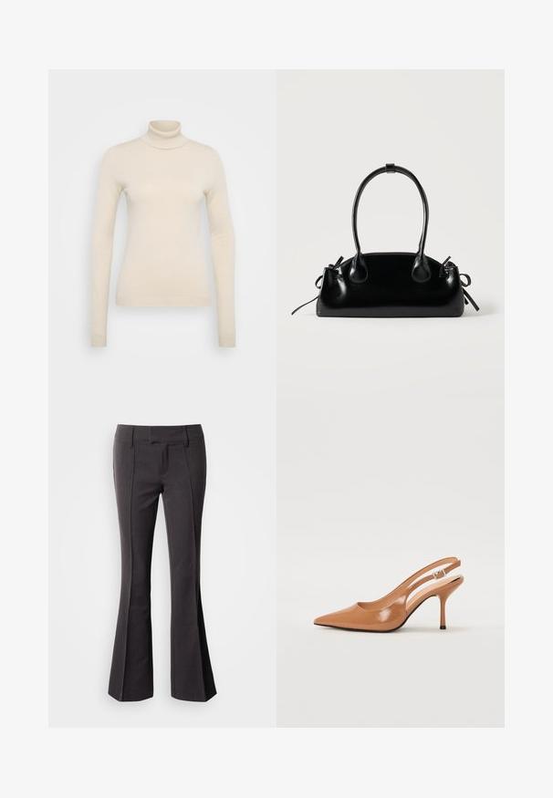 Vero Moda Tall VMHAPPINESS ROLLNECK - Jersey de punto - oatmeal; Pantalones acampanados de color gris oscuro con una textura suave, que presentan una cintura ajustada y costuras frontales para un aspecto entallado.; Zapato de tacón tipo slingback con punta afilada en un material suave y brillante de color marrón. Presenta un diseño con corte curvado y un tacón de aguja delgado. Detalle de hebilla plateada.; Pequeño bolso negro brillante con dos asas largas y detalles de cordón lateral sobre un fondo claro liso.