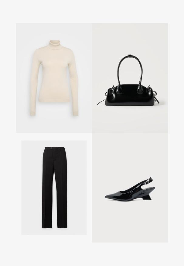 Vero Moda Tall VMHAPPINESS ROLLNECK - Striktrøje - oatmeal; Sorte skræddersyede bukser med lige ben, knap- og lynlåslukning, forlommer og en glat, krølfri stoffinish.; Sort laklæder slingback sko med spids tå og lav vinklet blokhæl på ensartet lys baggrund.; Lille sort blank håndtaske med to lange håndtag og snøre-detaljer i siden på en ensfarvet lys baggrund.