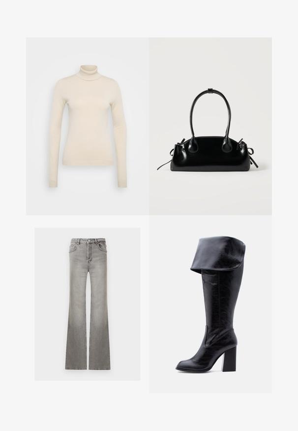 Vero Moda Tall VMHAPPINESS ROLLNECK - Trui - oatmeal; Grijze denim jeans met hoge taille, voorzien van een knoop- en ritssluiting, voor- en achterzakken, en licht uitlopende pijpen.; Hoge zwarte leren laars met hak, een omgeslagen boord en een ronde neus, rechtopstaand tegen een witte achtergrond.; Kleine zwarte glanzende handtas met twee lange hengsels en zijkant trekkoord details op een effen lichte achtergrond.