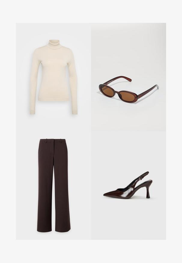 Vero Moda Tall VMHAPPINESS ROLLNECK - Jersey de punto - oatmeal; Pantalones de pierna ancha en marrón oscuro con trabillas para el cinturón y cierre frontal oculto, mostrados extendidos sobre un fondo blanco.; Zapatos de tacón slingback de charol marrón con punta afilada, tacón delgado y correa ajustable con una pequeña hebilla.; Gafas de sol redondas con tinte marrón y un marco burdeos brillante. Patillas delgadas con un sutil detalle de marca. Diseño de lentes planos.