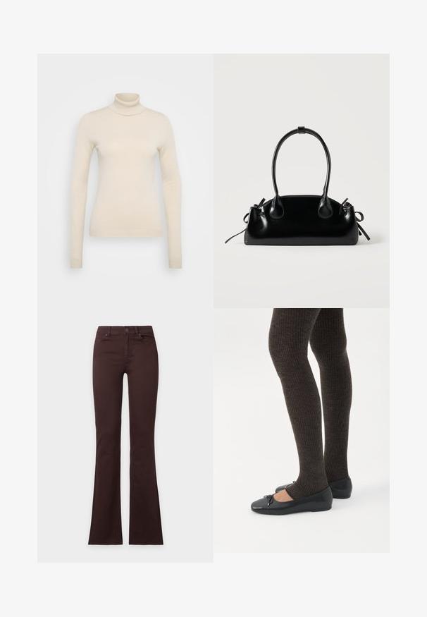 Vero Moda Tall VMHAPPINESS ROLLNECK - Jersey de punto - oatmeal; Vaqueros bootcut marrón oscuro con cierre de botón y cremallera, bolsillos delanteros y traseros, mostrados extendidos sobre un fondo blanco liso.; Piernas con leggings oscuros acanalados combinados con bailarinas negras que presentan pequeños detalles de lazo sobre un fondo blanco.; Pequeño bolso negro brillante con dos asas largas y detalles de cordón lateral sobre un fondo claro liso.