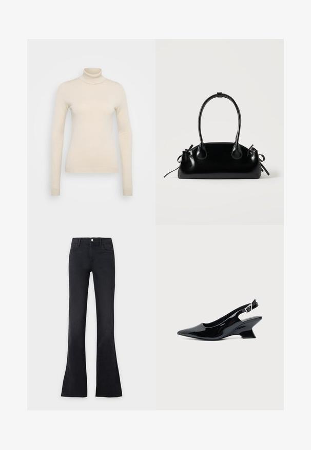 Vero Moda Tall VMHAPPINESS ROLLNECK - Trui - oatmeal; Zwarte high-waist flare jeans met knoopsluiting aan de voorkant en zakken, afgebeeld tegen een effen lichte achtergrond.; Zwarte lakleren slingback schoen met spitse neus en lage schuine blokhak op een effen lichte achtergrond.; Kleine zwarte glanzende handtas met twee lange hengsels en zijkant trekkoord details op een effen lichte achtergrond.