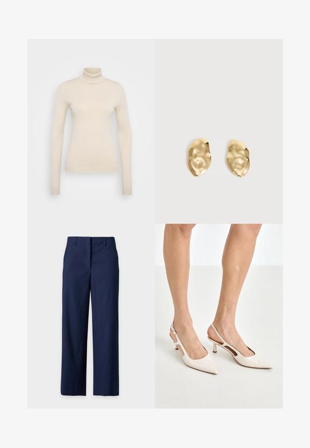 Vero Moda Tall VMHAPPINESS ROLLNECK - Striktrøje - oatmeal; Marineblå bukser med lige ben, bæltestropper, skjult frontlås og et glat, rent design.; Beige patenterede læder slingback hæle med spids tå og 5 cm hæl, med udskårne sider og en tynd ankelrem.; Par skinnende, ujævnt formede øreringe af guldmetal med en krøllet, glat overflade på en ensartet lys baggrund.