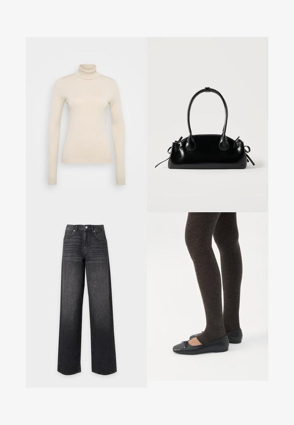 Vero Moda Tall VMHAPPINESS ROLLNECK - Trui - oatmeal; Zwarte denim jeans met hoge taille en rechte pijpen, voorzakken, riemlussen, knoop en ritssluiting op een witte achtergrond.; Benen met donkere geribbelde leggings gecombineerd met zwarte ballerina's met kleine strikdetails op een witte achtergrond.; Kleine zwarte glanzende handtas met twee lange hengsels en zijkant trekkoord details op een effen lichte achtergrond.