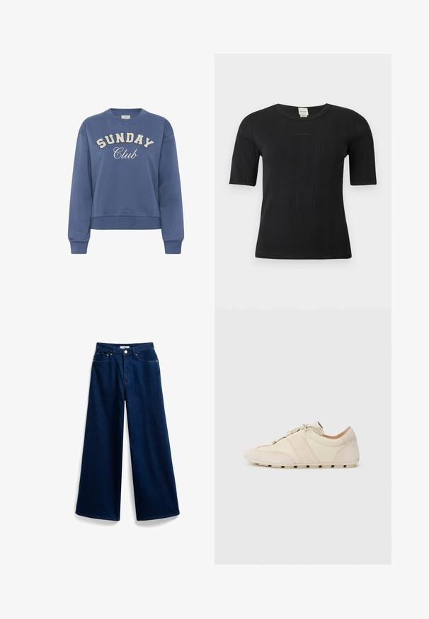 Sininen crewneck-huppari, jossa edessä valkoisilla tekstuurilla painettu "SUNDAY Club" ja pitkät ribbikujat.; Musta ribbineulottu Calvin Kleinin lyhythihainen paita, jossa pyöreä pääntie ja hillitty kirjailtu logo rinnassa yksinkertaisella taustalla.; Laivansiniset leveälahkeiset farkut, joissa on korkea vyötärö, viiden taskun perusdesign ja edessä nappisuljenta. Sileä rakenne.; Lenkkarit, joissa on kermaisen värinen nahka- ja mokkanahkainen päällinen, kaksi vaakasuoraa beigeä raitaa ja kumipohja, pyöristetty kärki, nauhallinen suljenta.