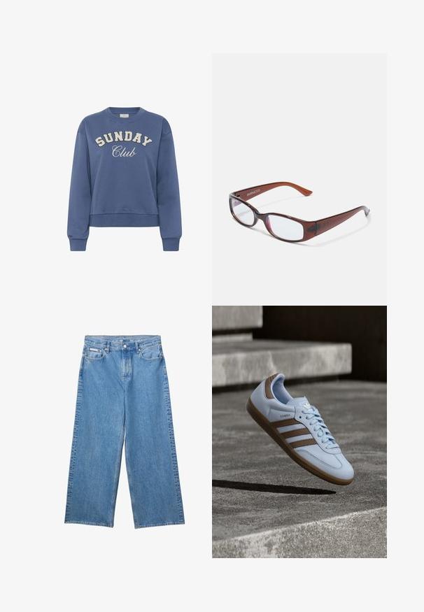 Sweat-shirt col rond bleu avec « SUNDAY Club » imprimé sur le devant en lettres blanches texturées et manches longues avec des poignets côtelés.; Jean en denim bleu à jambes larges avec bouton et fermeture éclair devant, passants pour ceinture et étiquette Calvin Klein sur la petite poche avant.; Baskets bleu clair avec accents en daim marron, présentant trois bandes latérales, des lacets plats et une semelle en gomme texturée. Logo de la marque sur la languette.; Lunettes rectangulaires teintées de brun avec une finition brillante, dotées de branches fines et de verres transparents. Logo visible sur la branche gauche.