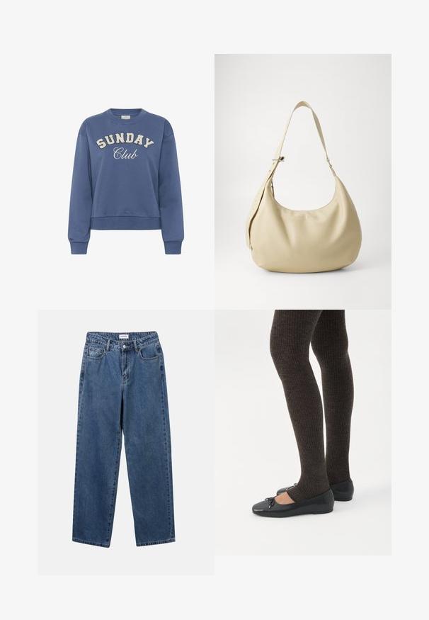 Sweat-shirt col rond bleu avec « SUNDAY Club » imprimé sur le devant en lettres blanches texturées et manches longues avec des poignets côtelés.; Jean en denim bleu classique avec une coupe droite, cinq poches et une fermeture par bouton. Présente un lavage moyen et une texture robuste.; Jambes portant des leggings côtelés foncés associés à des ballerines noires avec de petits détails en nœud sur fond blanc.; Sac à épaule en cuir beige avec une forme courbée, une bandoulière réglable et un détail de logo embossé, présentant une texture lisse et un design minimaliste.