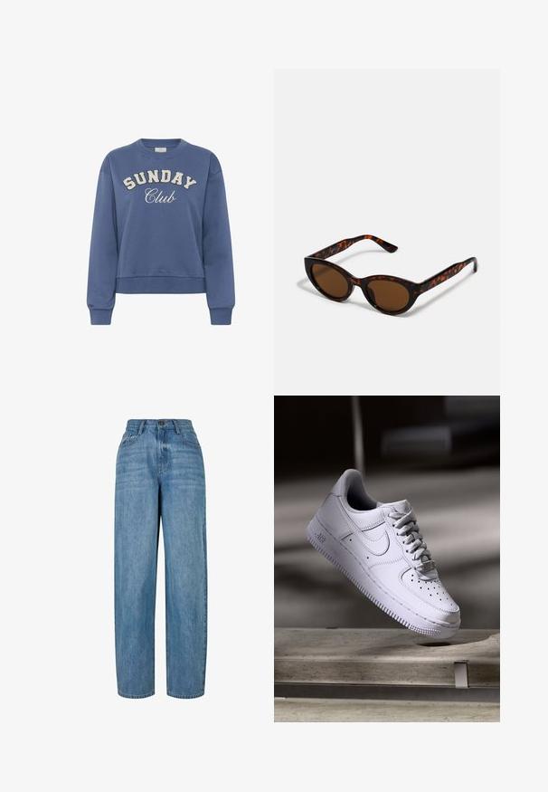 Sweat-shirt col rond bleu avec « SUNDAY Club » imprimé sur le devant en lettres blanches texturées et manches longues avec des poignets côtelés.; Jean en denim bleu clair avec une coupe droite, doté d'une fermeture à bouton, de cinq poches et d'un léger délavage sur l'ensemble du tissu.; Baskets Nike Air Force 1 blanches lévitant au-dessus d'une surface en béton avec des ombres dans un cadre minimaliste.; Lunettes de soleil en écaille de tortue marron avec une forme vintage de lunettes cat-eye et des verres marron. Présente des branches courbées avec des accents rouges.