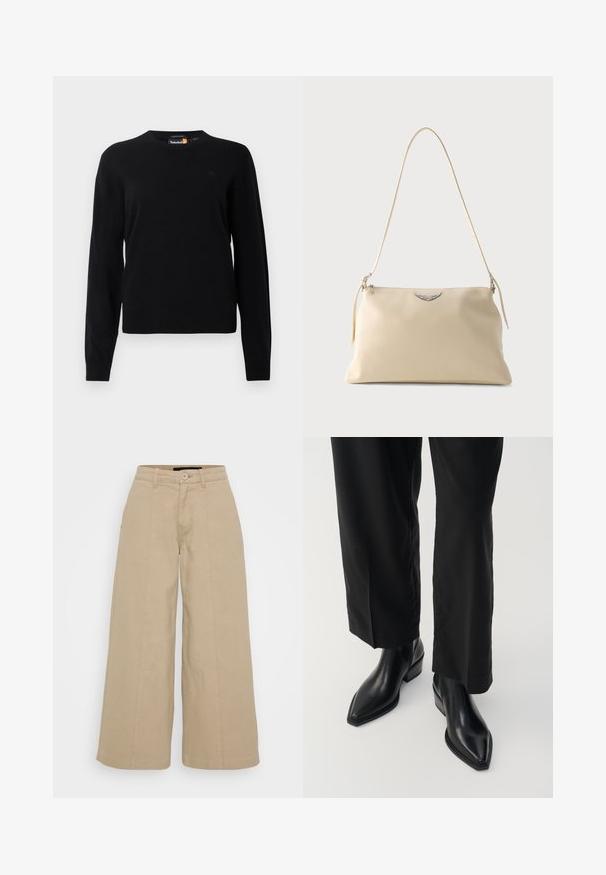 Must have mustreeritud must villane sviiter, ümmarguse kaelusega, pikkade varrukatega ja väikese logoga rinnal. Pehme tekstuur ja klassikaline lõige.; Beige laiad püksid, mis on valmistatud puuvilla segust, esifaldiga, nööbiga sulgemisega ja kahe küljetaskuga kasutusmugavuse tagamiseks.; Mustadest nahast pahkluu saapad, terava ninaga, sile tekstuur ja ruudukujuline konts. Kombineeritud mustade laiade pükstega, luues saleda silueti.; Kreemivärviline nahast õlakott, millel on hõbedane tiibadega embleem ja õhuke rihm ühtlasel taustal.