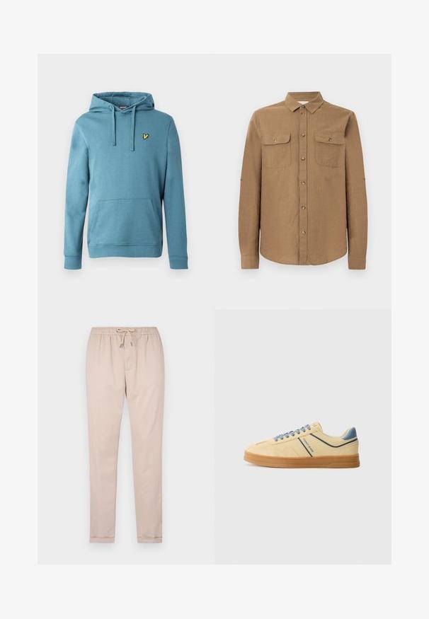 Sudadera con capucha en azul claro, hecha de mezcla de algodón, con un bolsillo canguro frontal y un pequeño logo amarillo bordado en el pecho.; Camisa marrón de manga larga con botones, cuello y dos bolsillos en el pecho, presentada sobre un fondo gris claro liso.; Pantalones beige claros hechos de tejido suave, con una cinturilla elástica con cordón, piernas ajustadas y dobladillos acampanados.; Zapatillas de ante amarillas con una lengüeta y cordones azules, que presentan franjas de un azul más oscuro y una suela de goma. Diseño simple y de corte bajo.