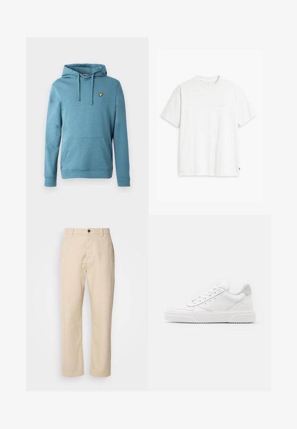 Lys blå pullover-hoodie lavet af bomuldsblanding, med en frontkangurulomme og et lille gult logo broderet på brystet.; Hvid t-shirt i bomuld med korte ærmer, rund halsudskæring og en diskret "Levi's"-logo trykt i lyse farver på forsiden.; Beige bomuldsbukser med lige ben, en frontknaplukning, sidelommer og en glat tekstur. Minimalistisk design, ingen synlige mønstre.; Hvide lædersneakers med en glat finish, rund tå, flade snørebånd og en struktureret sål. Grå ruskindsdetalje ved hælen.