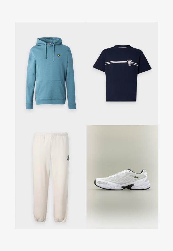 Sudadera con capucha en azul claro, hecha de mezcla de algodón, con un bolsillo canguro frontal y un pequeño logo amarillo bordado en el pecho.; Camiseta de algodón navy de manga corta. Presenta un cuello redondo, dos franjas horizontales blancas en el pecho y un detalle de logo en el lado izquierdo.; Pantalones de chándal de color beige claro, hechos de algodón, con una cinturilla elástica, puños acanalados y un logo verde con diseño de hoja en la pierna izquierda.; Zapatilla deportiva blanca con parte superior de malla texturizada, diseño curvado y suela exterior negra en contraste. Presenta un logo verde bordado en el lateral.