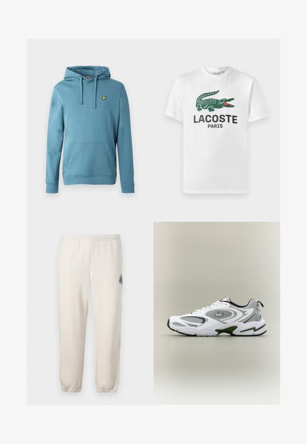 Lys blå pullover-hoodie lavet af bomuldsblanding, med en frontkangurulomme og et lille gult logo broderet på brystet.; Lacoste T-shirts print - white; Lys beige sweatpants lavet af bomuld, med elastisk talje, ribbede mansjetter og et grønt logo med bladdesign på venstre ben.; Hvid og grå sporty løbesko med mesh-paneler, grønne detaljer, sorte elementer og et logo på siden, vist fra ydersiden.