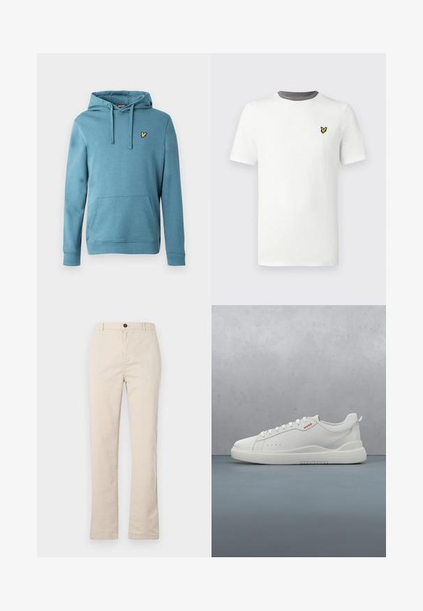 Lys blå pullover-hoodie lavet af bomuldsblanding, med en frontkangurulomme og et lille gult logo broderet på brystet.; Hvid bomulds-T-shirt med rund hals, korte ærmer og grå halskant; har en lille gul broderet logo på brystet.; Lyse beige bomuldsbukser med lige ben-design, der har en frontknaplukning, lynlåslukning og minimale syninger.; Hvide sneakers med en glat læderfinish, rund tå, fire snørehuller, subtile perforeringer og en rød logo detalje på siden.