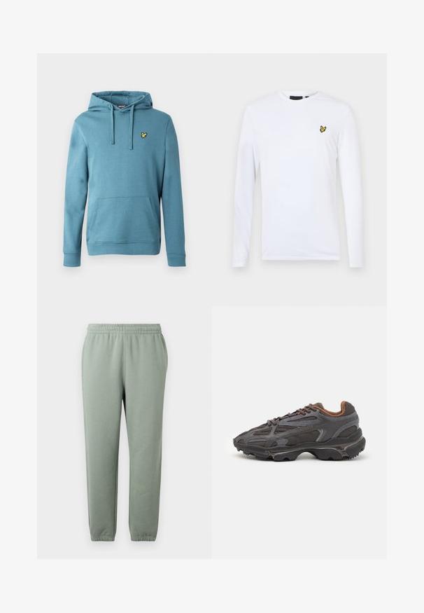 Sudadera con capucha en azul claro, hecha de mezcla de algodón, con un bolsillo canguro frontal y un pequeño logo amarillo bordado en el pecho.; Camisa blanca de manga larga hecha de algodón que presenta un pequeño logo amarillo bordado en el lado izquierdo del pecho. Diseño simple con escote redondo.; Pantalones de chándal verde claro con una cinturilla elástica, piernas ajustadas y puños en los tobillos. Fabricados con un tejido suave y ligero.; Zapatillas Lacoste en gris oscuro con material de malla y sintético, que cuentan con una suela texturizada y detalles en marrón en el cuello y la marca.