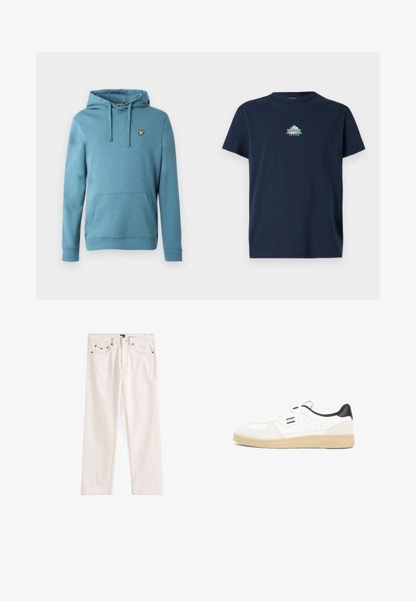Lys blå pullover-hoodie lavet af bomuldsblanding, med en frontkangurulomme og et lille gult logo broderet på brystet.; Mørkeblå bomulds T-shirt med korte ærmer og rund halsudskæring, med et hvidt og grønt bjerglogo og teksten "tommy JEANS" på brystet.; Beige denim jeans med lige ben, der har en lynlåsgylp, fem lommer og kontrastsy. Logo label på taljebåndet.; Hvid sneakers i læder med sort hæl, snørelukning, perforerede detaljer på overdelen og en tanfarvet gummisål. Har logoaccenter.