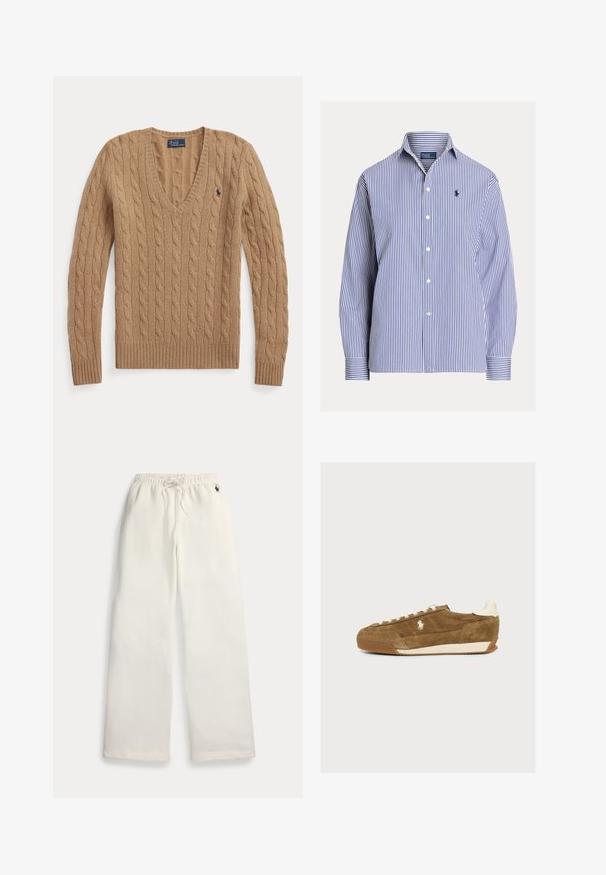 Kamelovo hnedý sveter s vrkočovým vzorom a výstrihom do V, dlhé rukávy a malé vyšívané logo Polo Ralph Lauren na hrudi.; Modro-biela košeľa s dlhým rukávom a vertikálnymi pruhmi, s golierom a malým vyšívaným logom na ľavej strane hrudníka.; Biele široké tepláky s elastickým pásom, šnúrkou, bočnými vreckami a malým námorníckym logom pri pravom vrecku.; Hnedý semišový teniska s bielymi šnúrkami, bielym logom na boku a bielou pätkou, zobrazený v profile na jednoduchom pozadí.