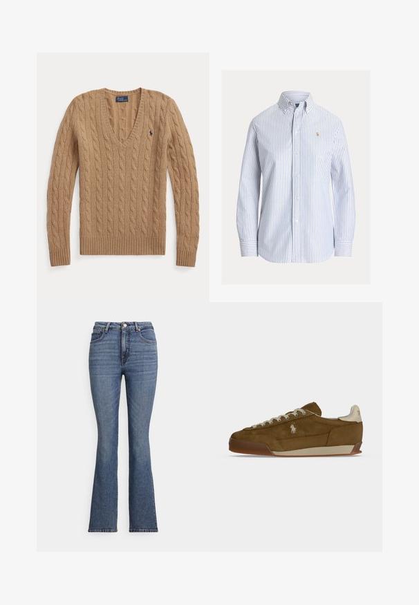 Kamelovo hnedý sveter s vrkočovým vzorom a výstrihom do V, dlhé rukávy a malé vyšívané logo Polo Ralph Lauren na hrudi.; Biela košeľa na gombíky s vertikálnymi svetlomodrými pásmi, golier s gombíkmi a malým vyšívaným logom na ľavej strane hrudníka.; Modré riflové nohavice s rozšírenými nohavicami a vysokým pásom, s piatimi vreckami, kontrastným prešívaním a hladkou textúrou.; Hnedá semišová teniska s krémovými šnúrkami, hrubou podrážkou a malým bielym vyšitým logom na boku.