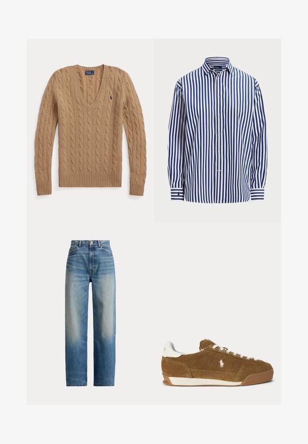 Kamelbrun kabelstrikket V-hals sweater med lange ærmer og lille broderet Polo Ralph Lauren-logo på brystet.; Polo Ralph Lauren RELAXED FIT STRIPED COTTON SHIRT - Skjortebluser - fall royal/white; Blå jeans med høj talje og lige ben, der er falmet foran og har klassisk fem-lomme design, knaplukning og lynlås.; Brun ruskind lav-top sneaker med hvide snørebånd, hvid hælaccent, gummisål og broderet Polo-logo på siden.