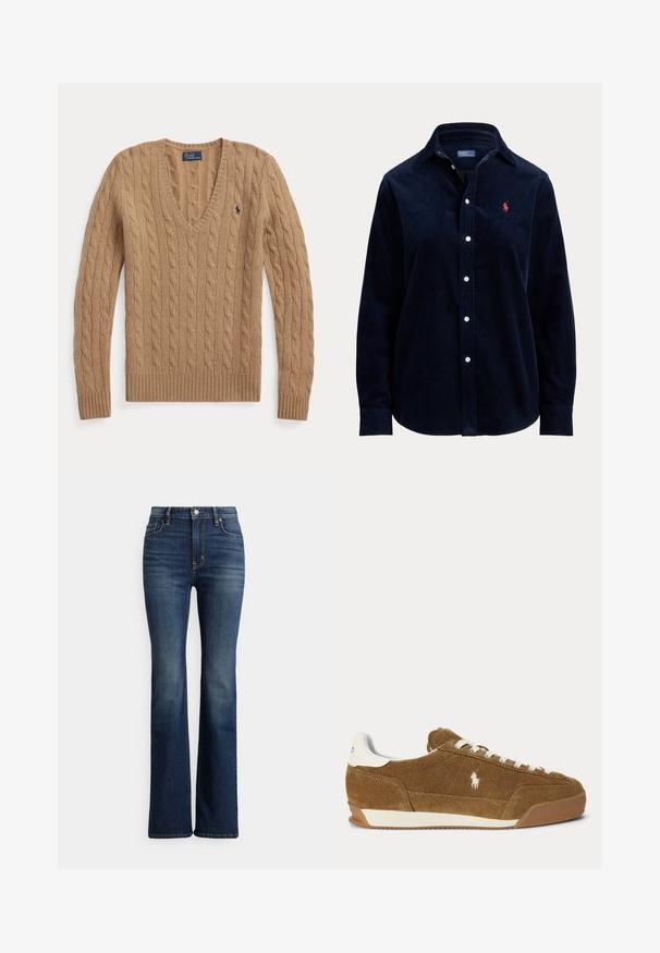 Kamelovo hnedý sveter s vrkočovým vzorom a výstrihom do V, dlhé rukávy a malé vyšívané logo Polo Ralph Lauren na hrudi.; Tmavomodrá kordová košeľa s dlhým rukávom, bielymi gombíkmi a červeným vyšívaným logom Polo Ralph Lauren na ľavej strane hrudníka.; Tmavomodré džínsy s vysokým pásom, strih bootcut, s predným zapínaním na gombíky a vreckami, s jemným vyblednutím na stehnách a kolenách, zobrazené na bielom pozadí.; Hnedá semišová nízka teniska s bielymi šnúrkami, bielym akcentom na päte, gumovou podrážkou a vyšitým logom Polo na boku.