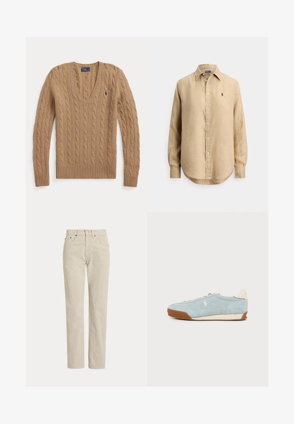 Kamelbrauner, kabelgestrickter V-Ausschnitt-Pullover mit langen Ärmeln und kleinem, besticktem Polo Ralph Lauren-Logo auf der Brust.; Beige langärmliges Hemd mit Knopfleiste, spitzem Kragen und kleinem marineblau besticktem Logo auf der linken Brust.; Beige Cordhose mit geradem Bein, Gürtelschlaufen, Vorderknopf, Reißverschluss und Fronttaschen.; Hellblauer Wildleder-Sneaker mit beigen Akzenten, brauner Sohle und gesticktem weißem Pferdelogo an der Seite, im Profil vor einfarbigem Hintergrund gezeigt.