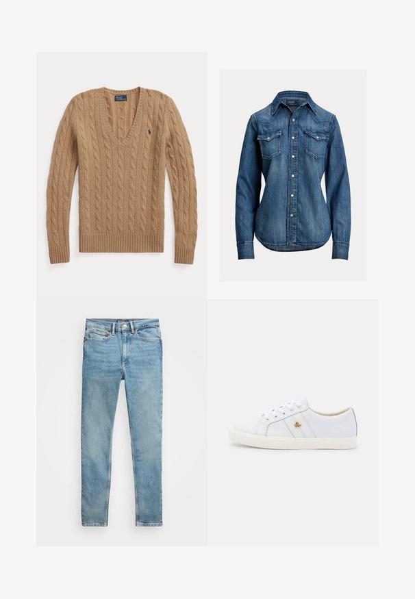 Kamelbrauner, kabelgestrickter V-Ausschnitt-Pullover mit langen Ärmeln und kleinem, besticktem Polo Ralph Lauren-Logo auf der Brust.; Langärmeliges blaues Denimhemd mit Perlmutt-Druckknöpfen, zwei Brustklappentaschen und spitzem Kragen von Polo Ralph Lauren.; Hellblaue, eng geschnittene Jeans mit fünf Taschen und Metallknopfverschluss, flach auf weißem Hintergrund ausgelegt.; Lauren Ralph Lauren JANSON II ACTION LEATHER SNEAKER - Sneaker low - real white