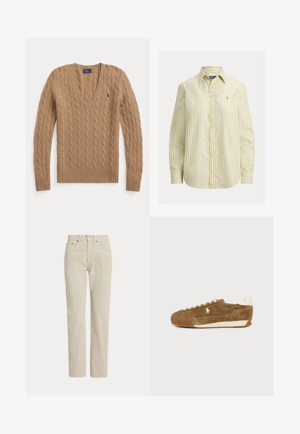 Kamelovo hnedý sveter s vrkočovým vzorom a výstrihom do V, dlhé rukávy a malé vyšívané logo Polo Ralph Lauren na hrudi.; Žltá pruhovaná košeľa na gombíky s modrými pruhmi, dlhými rukávmi, golierom a malým vyšívaným logom na ľavej strane hrudníka.; Béžové nohavice z manšestru so vzpriamenými nohavicami, pútkami na opasok, predným gombíkom, zipsom a prednými vreckami.; Hnedá nízka teniska z brúseného semišu s bielymi šnúrkami, béžovou podrážkou a malým bielym logom koňa na boku.