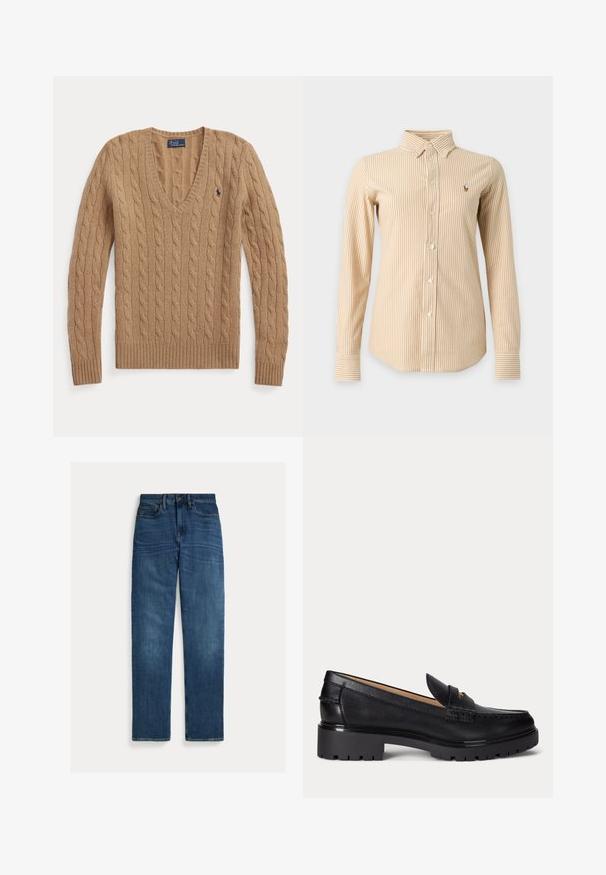 Kamelbrauner, kabelgestrickter V-Ausschnitt-Pullover mit langen Ärmeln und kleinem, besticktem Polo Ralph Lauren-Logo auf der Brust.; Beige-weiß gestreiftes Hemd mit langen Ärmeln, Knopfleiste, spitzem Kragen und kleinem gesticktem Logo auf der linken Brust.; Straight-leg blaue Denim-Jeans mit fünf Taschen, Knopfverschluss und subtilen Verwaschungen an Oberschenkeln und Knien, flach auf weißem Hintergrund gelegt.; Schwarzer Lederloafer mit grober profillierter Sohle, niedrigem Absatz und dekorativem Riemen über dem Vorderfuß.