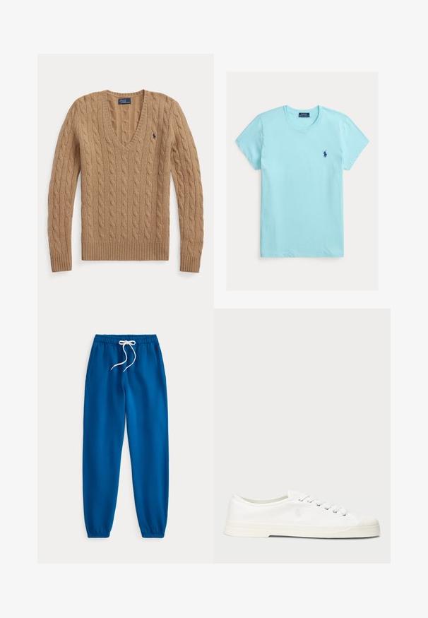 Jersey de punto trenzado color marrón camello con cuello en V, mangas largas y pequeño logo bordado de Polo Ralph Lauren en el pecho.; Camiseta de algodón azul claro con cuello redondo y mangas cortas. Presenta un pequeño logo de polo azul oscuro en el pecho izquierdo. Textura suave.; Pantalones de chándal azules con cintura elástica, cordón blanco y puños en los tobillos, extendidos planos sobre un fondo blanco.; Zapatilla de lona blanca con puntera redonda, cierre de cordones y un discreto detalle de logo. Presenta una tela texturizada y suela de goma.