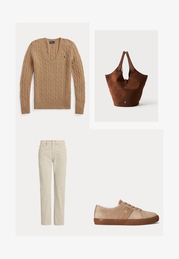 Jersey de punto trenzado color marrón camello con cuello en V, mangas largas y pequeño logo bordado de Polo Ralph Lauren en el pecho.; Pantalones de pana beige de corte recto con trabillas para cinturón, botón delantero, cremallera y bolsillos delanteros.; Zapatilla baja de ante beige con suela de goma marrón, cordones a juego y un pequeño logo dorado "RLL" en el lateral.; Bolso tote grande de ante marrón con dos asas, una pequeña correa con cierre de botón y un logo blanco bordado cerca del centro inferior.