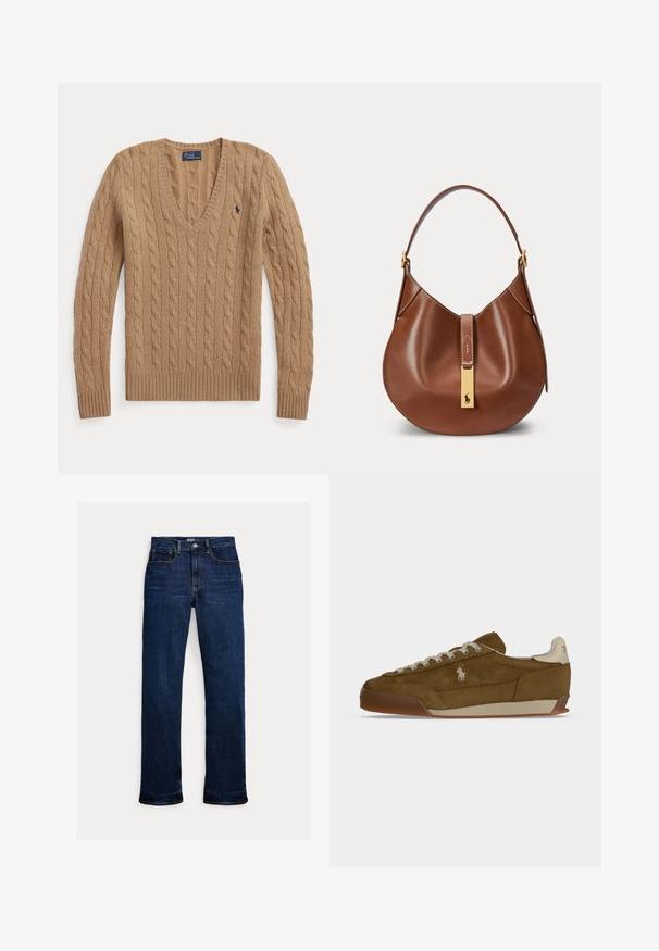 Kamelbrun kabelstrikket V-hals sweater med lange ærmer og lille broderet Polo Ralph Lauren-logo på brystet.; Mørkeblå straight-leg jeans med frontknap og lynlås, fem-lomme design og synlige syninger.; Brun ruskind sneaker med cremefarvede snørebånd, tyk sål og et lille hvidt broderet logo på siden.; Brun læderhåndtaske med buet form, enkelt rem og gyldent rektangulært spændelås med en lille hestelogo foran.