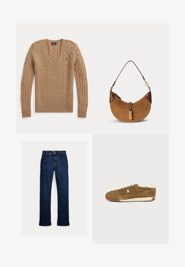 Kamelbrauner, kabelgestrickter V-Ausschnitt-Pullover mit langen Ärmeln und kleinem, besticktem Polo Ralph Lauren-Logo auf der Brust.; Dunkelblaue Straight-Leg-Denim-Jeans mit Frontknopf und Reißverschluss, Fünf-Taschen-Design und sichtbaren Nähten.; Brauner Wildleder-Sneaker niedrig mit weißen Schnürsenkeln, beiger Sohle und kleinem weißem Pferdelogo an der Seite.; Braune Wildleder-Halbmonden-Handtasche mit dunkelbraunen Lederakzenten, goldfarbenen Beschlägen und kurzem Schulterriemen.