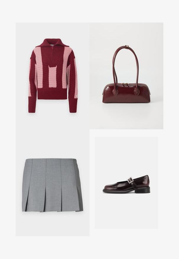 Pull en tricot avec un col en V profond et une fermeture éclair mi-hauteur. Blocs de couleurs bordeaux et rose pâle avec un design texturé à côtes.; Jupe plissée grise avec une texture lisse, un design structuré et une taille ajustée. Fabriquée en tissu léger avec un motif subtile.; Chaussure Mary Jane unique brillante couleur bordeaux foncé avec une large bride et une boucle argentée, talon bloc bas et bout arrondi sur fond blanc.; Sac à main en cuir bordeaux avec une forme courbée, deux poignées, fermeture éclair et détails de couture subtils. Fini lisse et brillant.